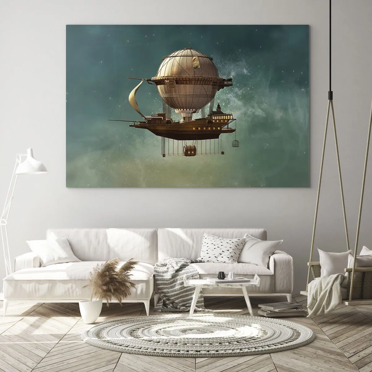 Tablou pe sticlă - Un dirijabil zburător cu o casă în stil retro pe cer - 70x50cm - Jules Verne vă transmite salutări - Decorațiune modernă pentru perete pentru living și dormitor ARTTOR