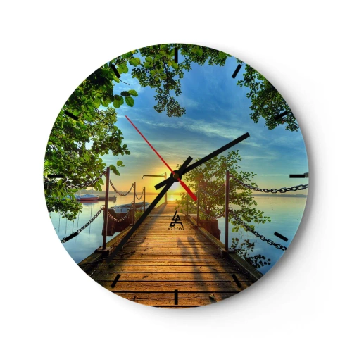 Ceas de perete - Ceas pe sticlă - Un dig pe malul lacului la apus, înconjurat de verdeață - 30x30cm - Apusul la malul apei - Decorațiune modernă pentru perete pentru living, bucătărie și dormitor ARTTOR