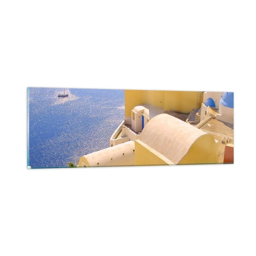 Tablou pe sticlă - Peisaj grecesc în alb și albastru - 90x30 cm