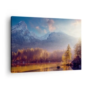 Tablou pe pânză Canvas - Vedere pitorească a pădurii de munte și a lacului în zori - 70x50cm - La munte și la deal - Decorațiune modernă pentru perete pentru living și dormitor ARTTOR