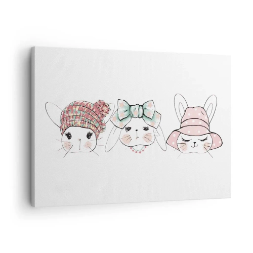 Tablou pe pânză Canvas - Iepurași adorabili în pălării pastelate - 70x50cm - Gânditoare, tristă, mulțumită - Decorațiune modernă pentru perete pentru living și dormitor ARTTOR