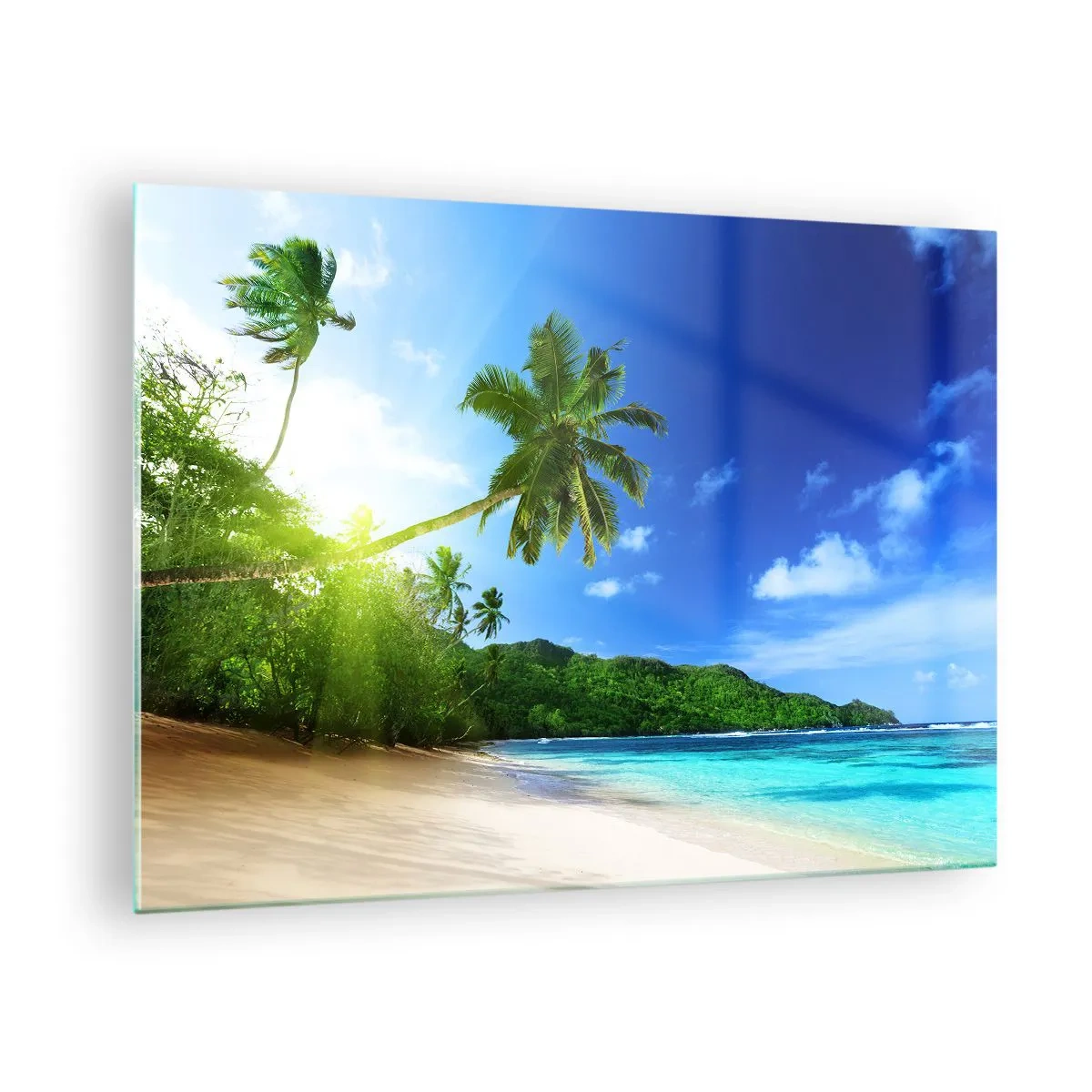Tablou pe sticlă - Plajă tropicală cu palmieri și apă cristalină - 70x50cm - O atingere blândă a tropicelor - Decorațiune modernă pentru perete pentru living și dormitor ARTTOR