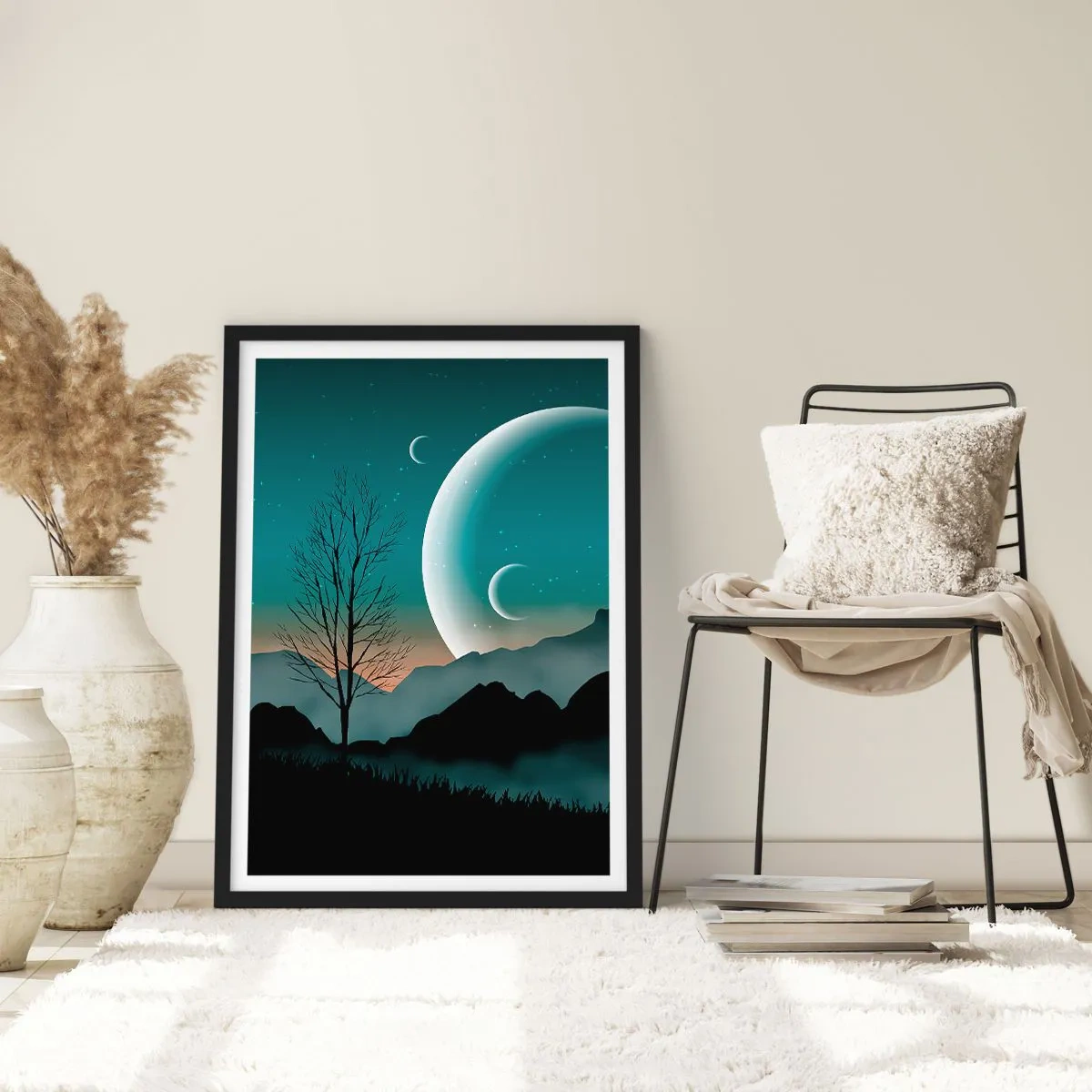 Poster în ramă neagră - Peisaj artistic cu luna pe fundalul munților și copacilor - 50x70cm - Carnavalul unei nopți înstelate - Decorațiune modernă pentru perete pentru living și dormitor ARTTOR