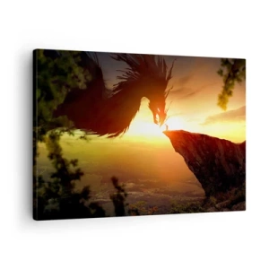 Tablou pe pânză Canvas - Un dragon și un om pe o stâncă în strălucirea soarelui care apune - 70x50cm - Vânător de dragoni - Decorațiune modernă pentru perete pentru living și dormitor ARTTOR