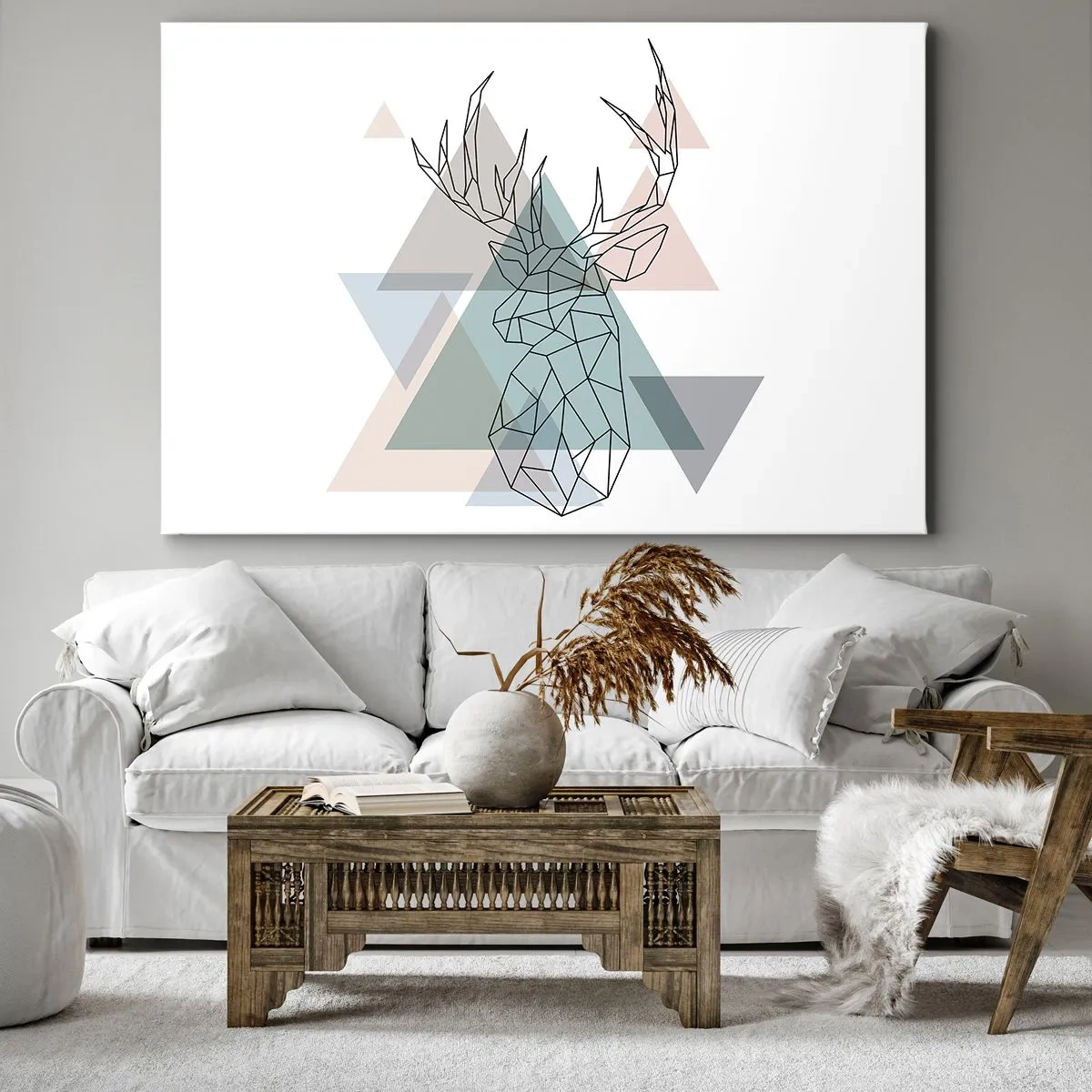 Tablou pe pânză Canvas - Cerb geometric pe un fundal de triunghiuri pastelate - 70x50cm - Într-o pădure geometrică - Decorațiune modernă pentru perete pentru living și dormitor ARTTOR