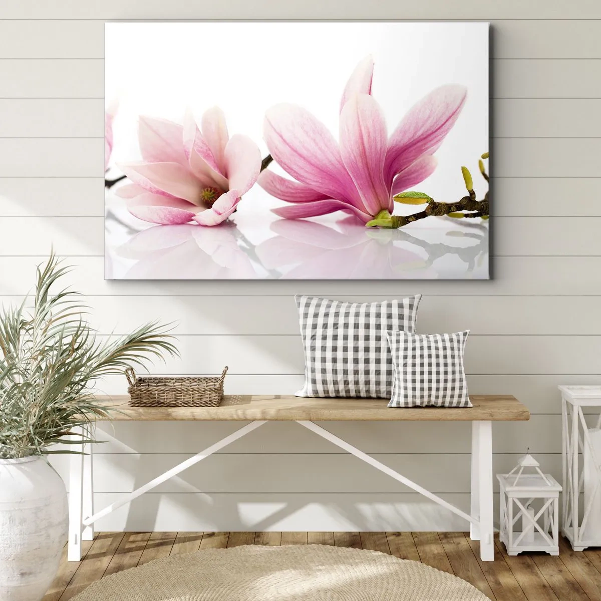 Tablou pe pânză Canvas - Magnolii roz delicate pe fundal alb - 70x50cm - Delicate ca o adiere de primăvară - Decorațiune modernă pentru perete pentru living și dormitor ARTTOR