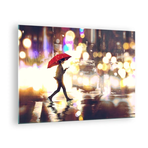 Tablou pe sticlă - figură cu o umbrelă roșie pe o stradă ploioasă noaptea - 70x50cm - Și totuși este însorită - Decorațiune modernă pentru perete pentru living și dormitor ARTTOR
