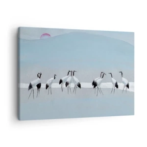 Tablou pe pânză Canvas - Un grup de cocori pe fundalul unui cer albastru și al soarelui care răsare - 70x50cm - După o zi fierbinte - Decorațiune modernă pentru perete pentru living și dormitor ARTTOR