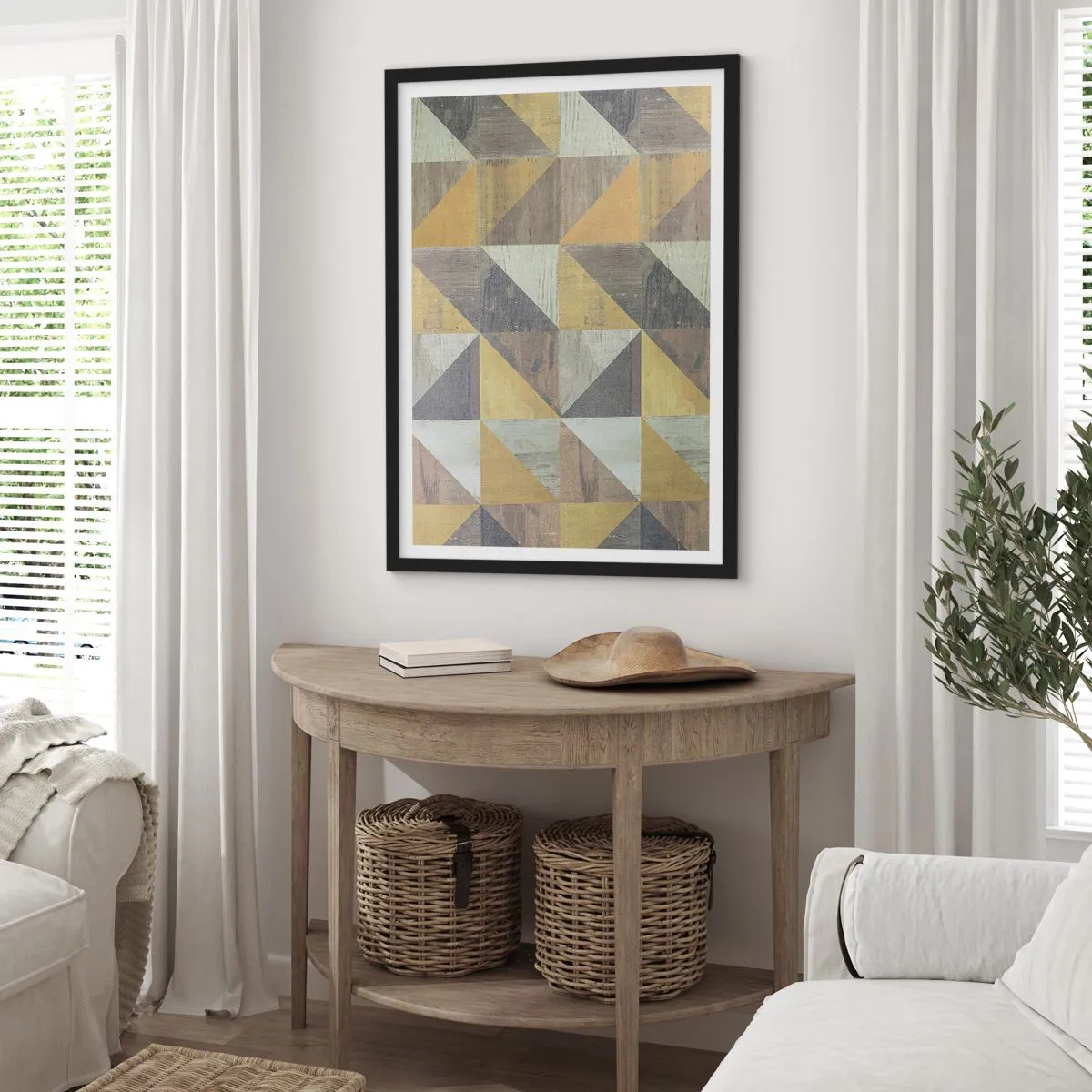 Poster în ramă neagră - Model geometric în nuanțe de auriu și gri - 50x70cm - La unghiul triunghiului - Decorațiune modernă pentru perete pentru living și dormitor ARTTOR