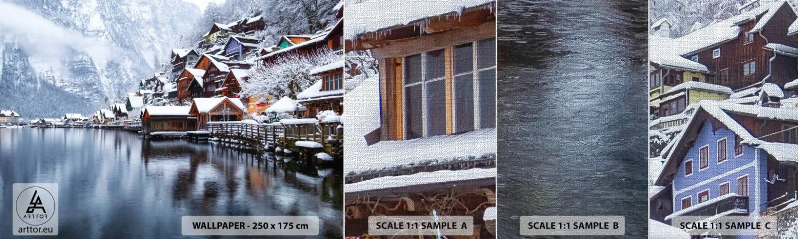 Mostră tapet Premium Canvas - În decor de iarnă - Peisaj, Aşezare de munte, Iarnă - 100x30 cm