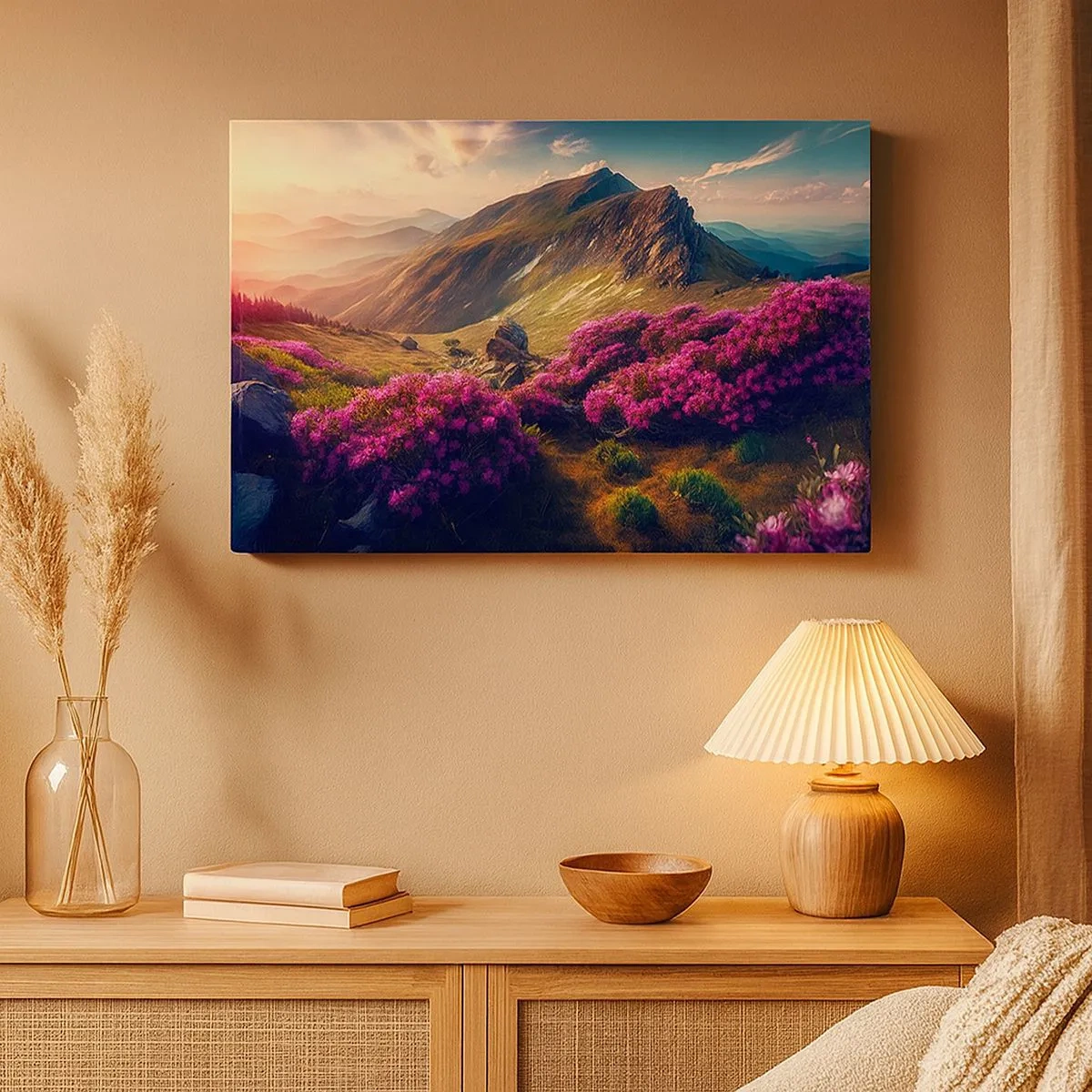 Tablou pe pânză Canvas - Peisaj montan cu rododendroni înfloriți - 70x50cm - Vara la munte - Decorațiune modernă pentru perete pentru living și dormitor ARTTOR