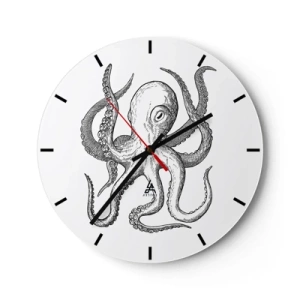 Ceas de perete - Ceas pe sticlă - Ilustrație de caracatiță în stil vintage pe fundal alb - 30x30cm - Dansând cu valurile - Decorațiune modernă pentru perete pentru living, bucătărie și dormitor ARTTOR