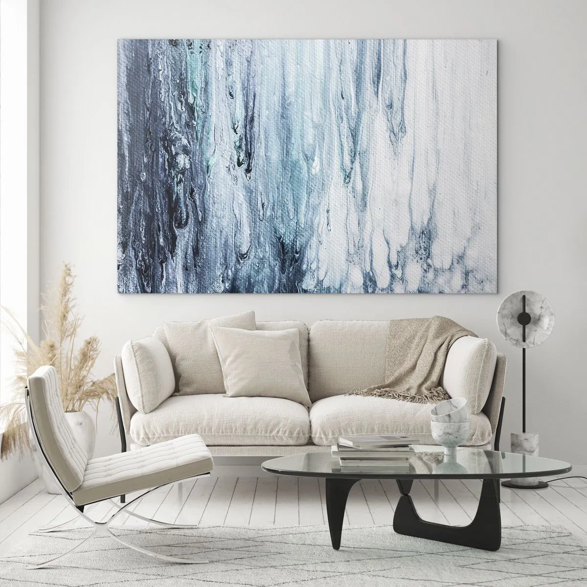 Tablou pe sticlă - Un model abstract care seamănă cu izvoare de apă în nuanțe de albastru. - 70x50cm - Țurțuri de albastru - Decorațiune modernă pentru perete pentru living și dormitor ARTTOR