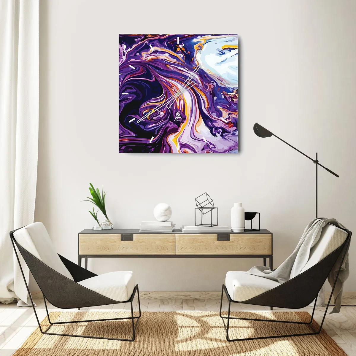 Ceas de perete - Ceas pe sticlă - Îndoirea spațiului în mov - 40x40 cm