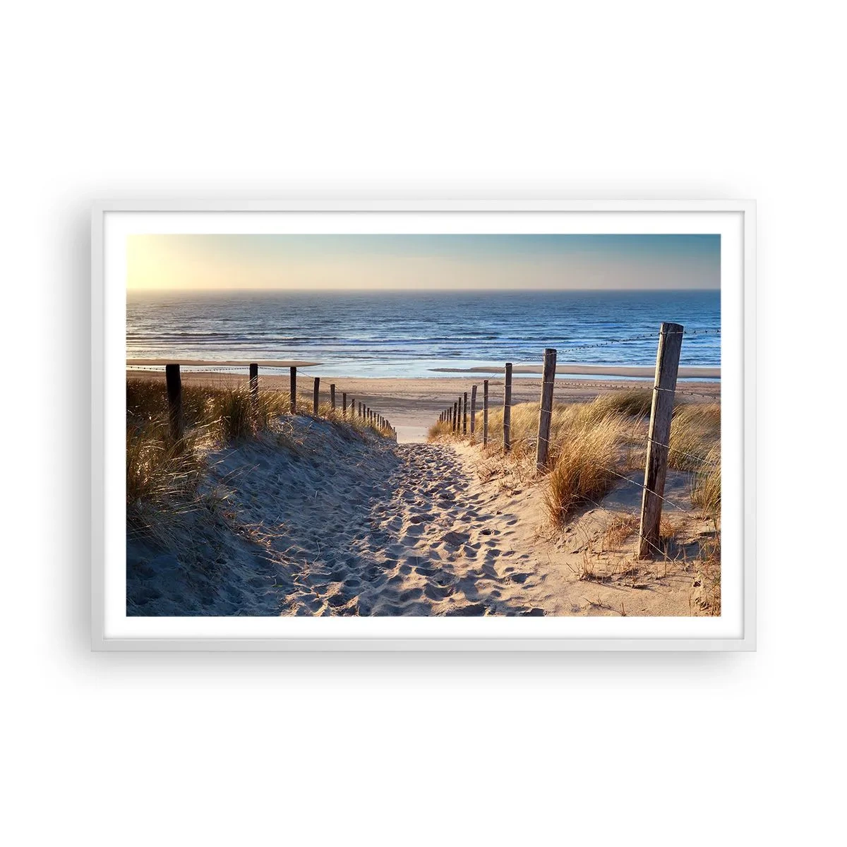 Poster în ramă albă - Zumzet de mare, o plajă sălbatică printre ierburi... - 91x61 cm
