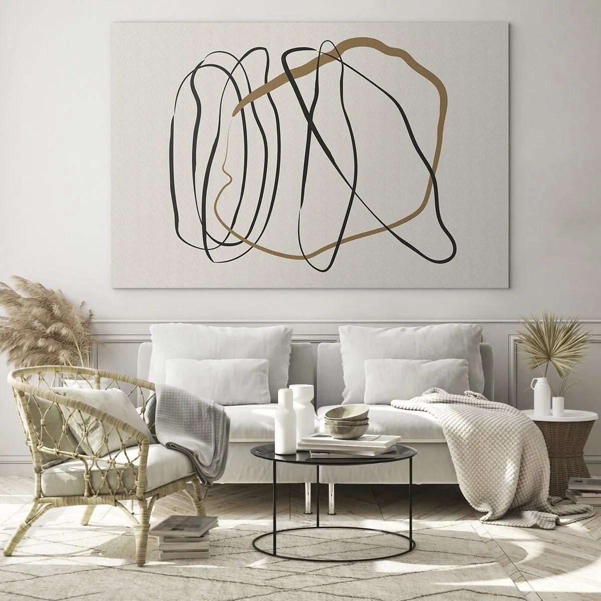 Tablou pe sticlă - O compoziție expresivă de linii negre și maro pe un fundal deschis. - 70x50cm - Compoziție - Dans posesiv - Decorațiune modernă pentru perete pentru living și dormitor ARTTOR