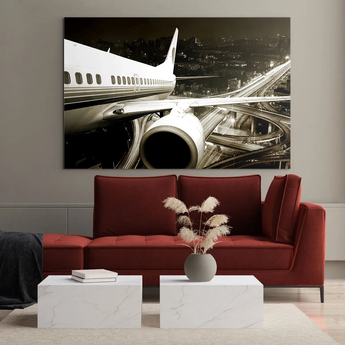 Tablou pe sticlă - Un avion deasupra orașului noaptea, cu o atmosferă industrială - 70x50cm - Zbor în noapte - Decorațiune modernă pentru perete pentru living și dormitor ARTTOR