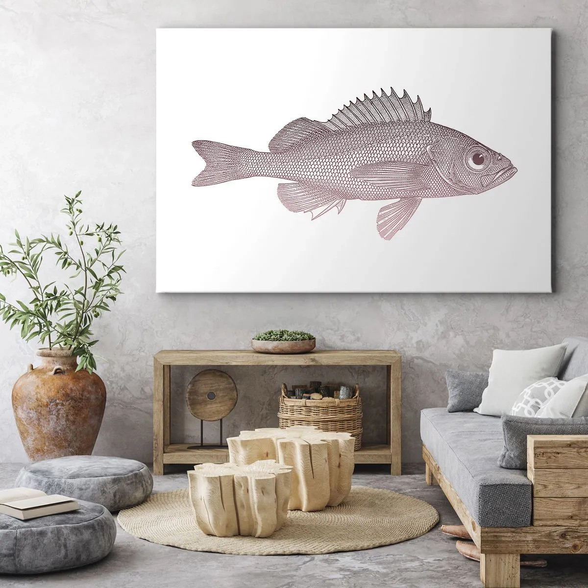 Tablou pe pânză Canvas - Ilustrație detaliată a unui pește pe fundal alb - 70x50cm - Pește cu ochi mari - Decorațiune modernă pentru perete pentru living și dormitor ARTTOR