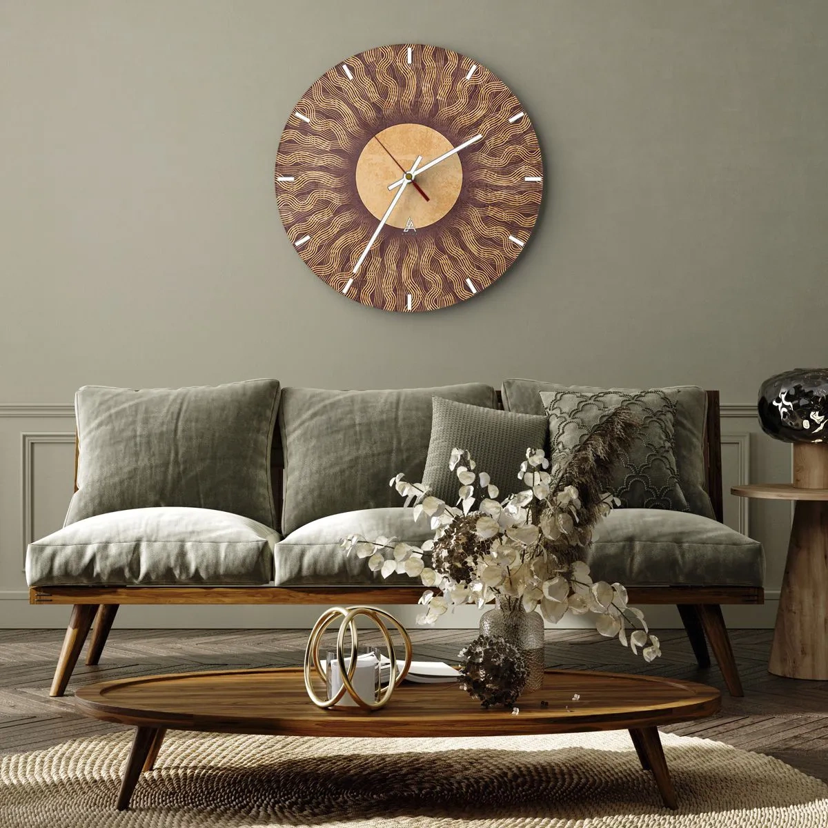 Ceas de perete - Ceas pe sticlă - Cadran solar cu model radiant în culori calde - 30x30cm - Icoana soarelui - Decorațiune modernă pentru perete pentru living, bucătărie și dormitor ARTTOR