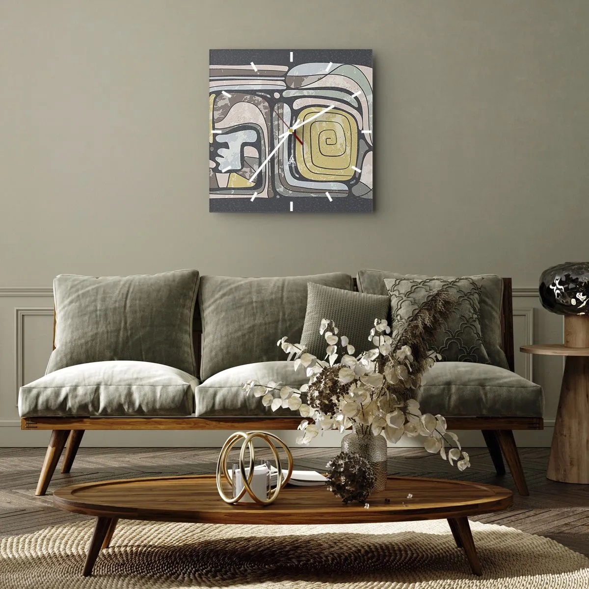 Ceas de perete - Ceas pe sticlă - Abstracție în spirit precolumbian - 40x40 cm