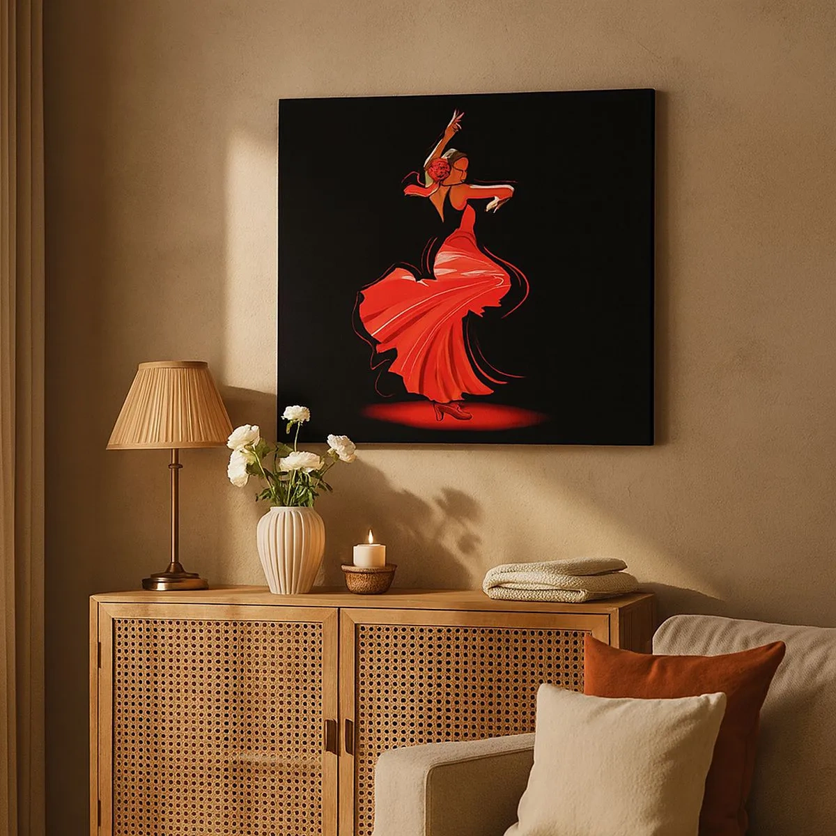 Tablou pe pânză Canvas - Dansatoare de flamenco într-o rochie roșie pe un fundal negru - 70x50cm - Spiritul înflăcărat al flamenco-ului - Decorațiune modernă pentru perete pentru living și dormitor ARTTOR