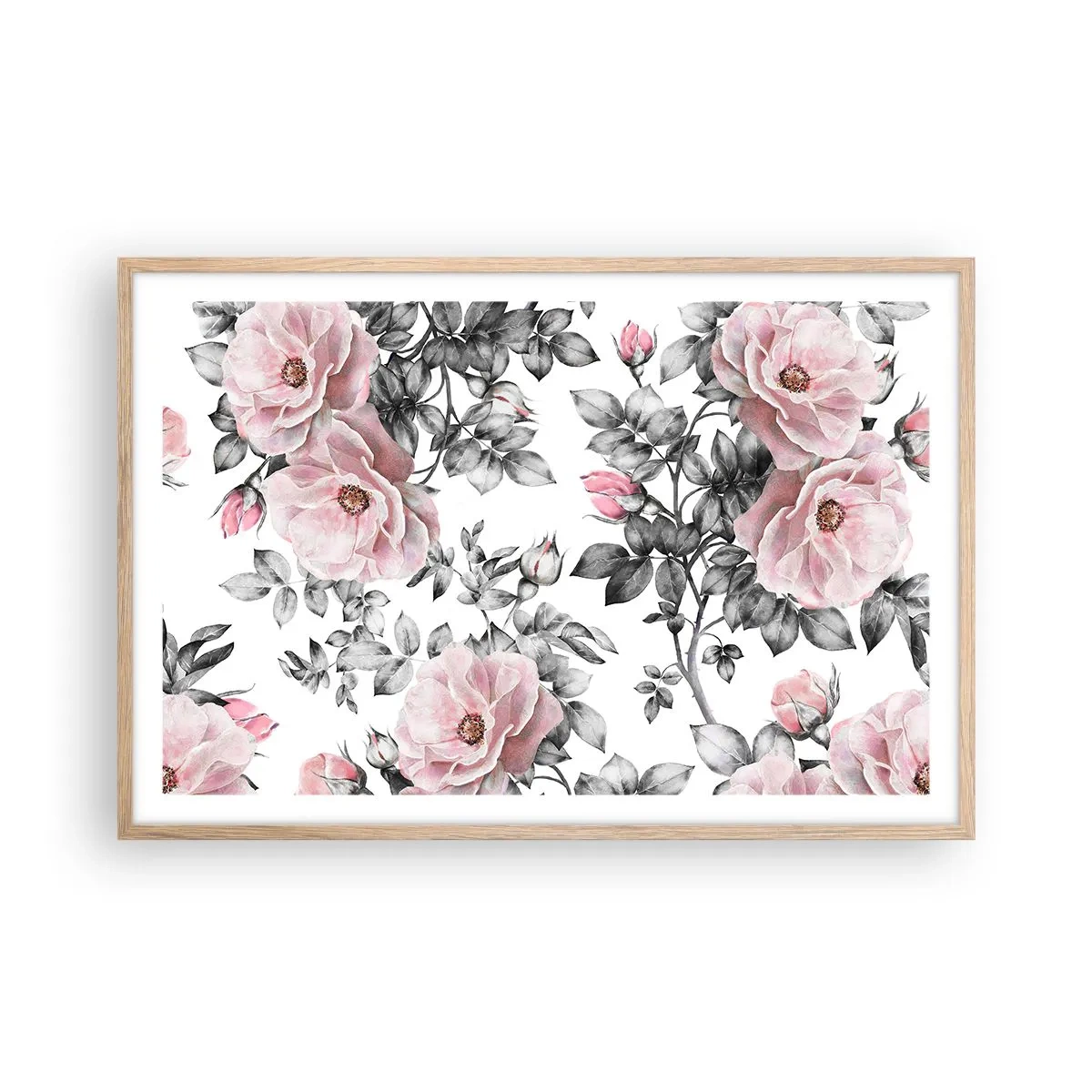 Poster în ramă de stejar deschis - Pierde-te în florile de trandafir - 91x61 cm