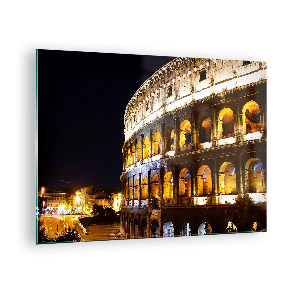 Tablou pe sticlă - Colosseumul noaptea cu arcade iluminate - 70x50cm - Să înceapă jocurile - Decorațiune modernă pentru perete pentru living și dormitor ARTTOR