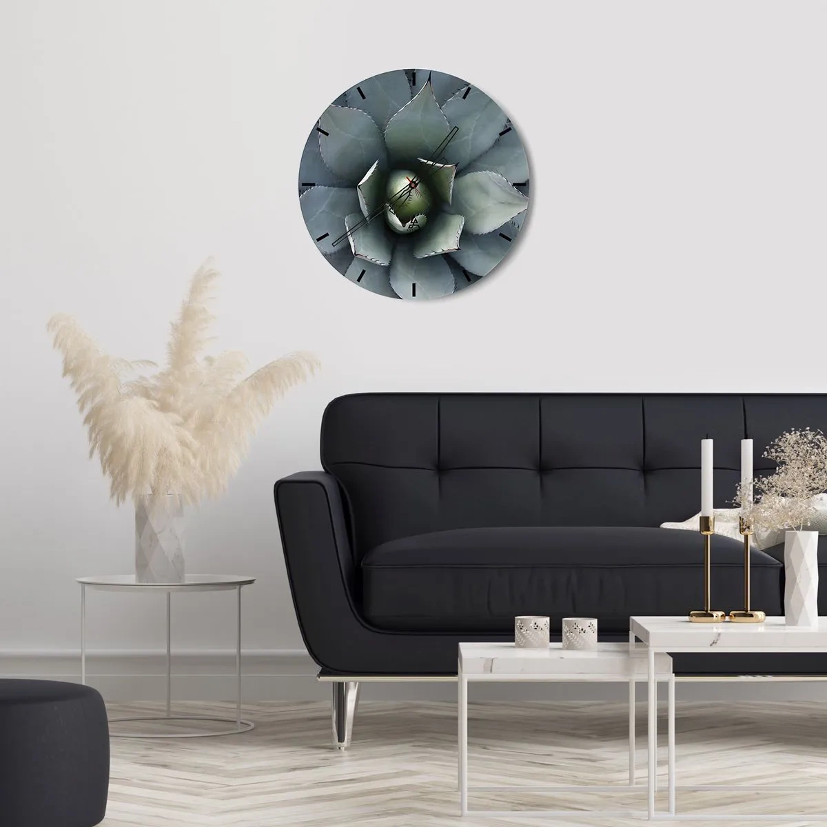 Ceas de perete - Ceas pe sticlă - Un prim-plan al aranjamentului geometric al frunzelor de agave. - 30x30cm - Momește și avertizează - Decorațiune modernă pentru perete pentru living, bucătărie și dormitor ARTTOR