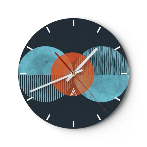 Ceas de perete - Ceas pe sticlă - O compoziție abstractă de cercuri și linii în nuanțe de albastru și portocaliu. - 30x30cm - Compoziție simetrică - Decorațiune modernă pentru perete pentru living, bucătărie și dormitor ARTTOR