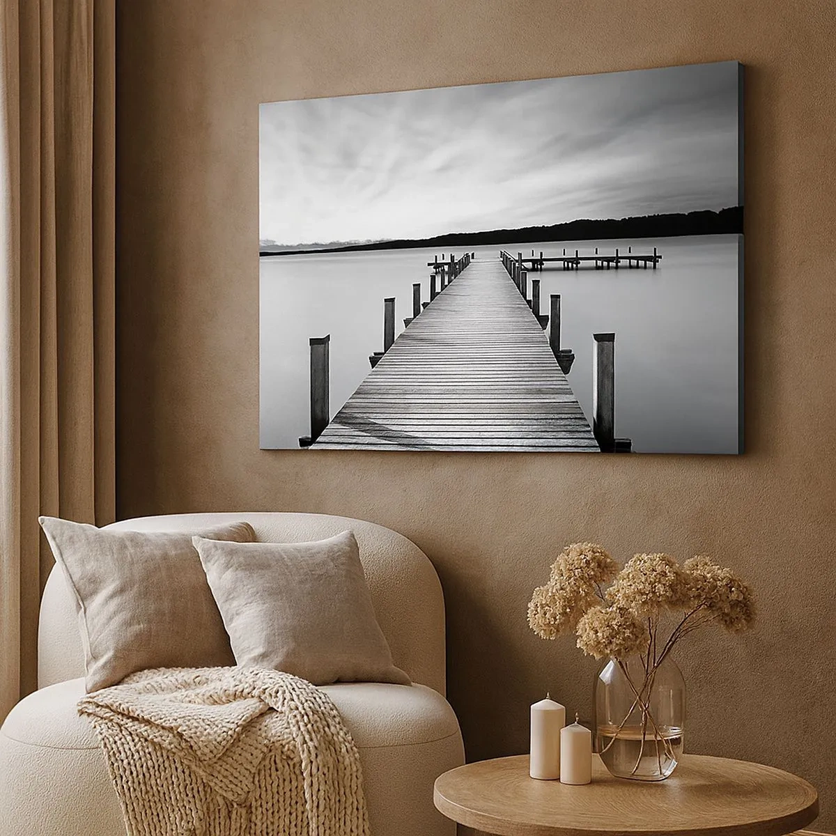 Tablou pe pânză Canvas - Un debarcader alb-negru pe un lac liniștit - 70x50cm - La adăpostul apei - pace - Decorațiune modernă pentru perete pentru living și dormitor ARTTOR