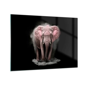 Tablou pe sticlă - Un elefant roz pe un fundal negru, înconjurat de un nor de praf. - 70x50cm - Să nu te gândești la elefantul roz! - Decorațiune modernă pentru perete pentru living și dormitor ARTTOR
