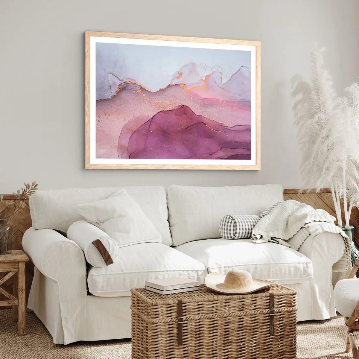 Poster în ramă de stejar deschis - Valuri de liliac și violet - 50x40 cm