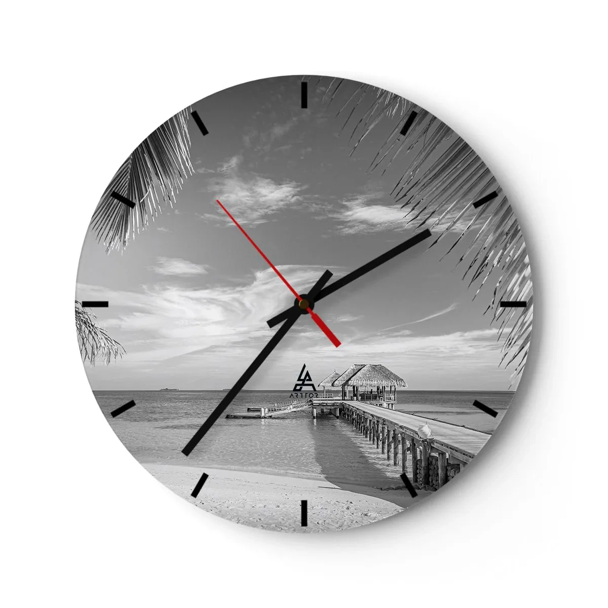 Ceas de perete - Ceas pe sticlă - Un dig alb-negru cu un foișor pe ocean și palmieri în cadru. - 30x30cm - O amintire sau un vis? - Decorațiune modernă pentru perete pentru living, bucătărie și dormitor ARTTOR