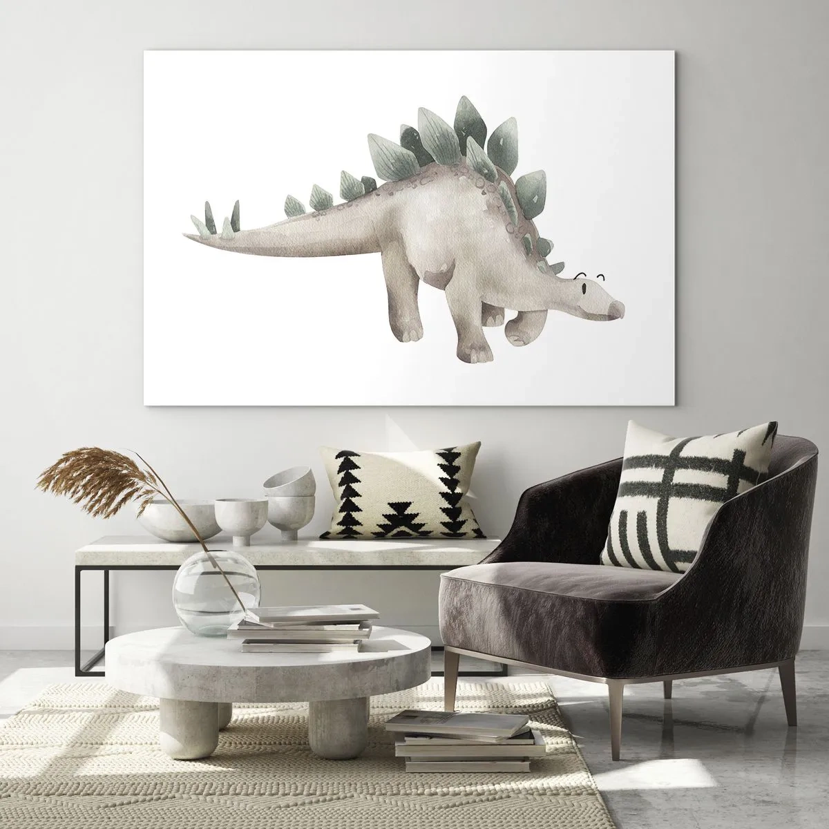 Tablou pe sticlă - Un dinozaur drăguț în culori pastelate pe fundal alb - 70x50cm - Prietenul tău - Decorațiune modernă pentru perete pentru living și dormitor ARTTOR