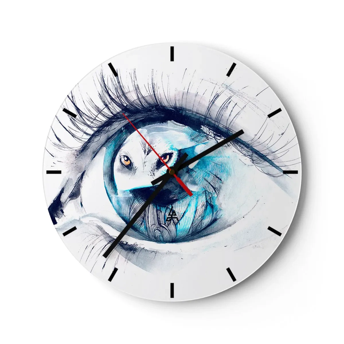 Ceas de perete - Ceas pe sticlă - Motiv artistic de ochi de lup în nuanțe de albastru și alb - 30x30cm - Ochi în ochi cu sălbăticia - Decorațiune modernă pentru perete pentru living, bucătărie și dormitor ARTTOR