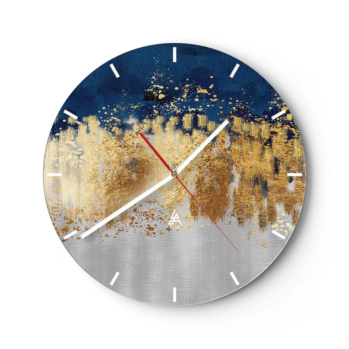 Ceas de perete - Ceas pe sticlă - Reflexii aurii și un fundal albastru-argintiu într-un stil abstract - 30x30cm - Compoziție modernă cu bliț - Decorațiune modernă pentru perete pentru living, bucătărie și dormitor ARTTOR