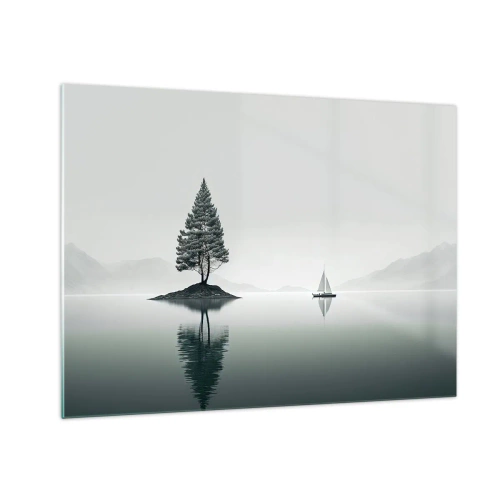 Tablou pe sticlă - Un copac singuratic pe o insulă și o barcă cu pânze pe un lac liniștit - 70x50cm - Visând cu ochii deschiși - Decorațiune modernă pentru perete pentru living și dormitor ARTTOR