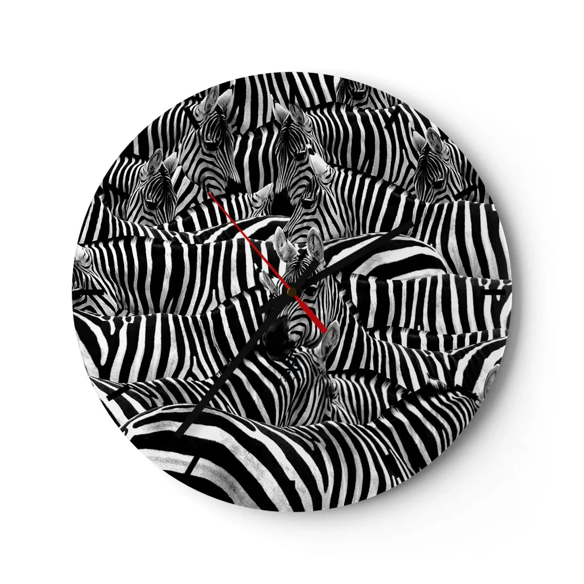 Ceas de perete - Ceas pe sticlă - O turmă de zebre într-o compoziție alb-negru - 30x30cm - Portret de grup cu dungi - Decorațiune modernă pentru perete pentru living, bucătărie și dormitor ARTTOR