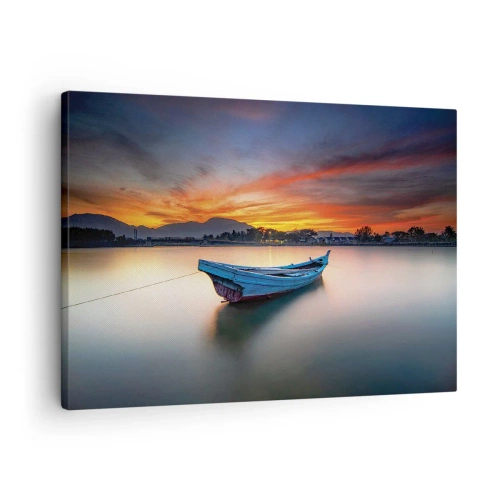Tablou pe pânză Canvas - O barcă pe apă în timpul unui apus pitoresc - 70x50cm - O noapte bună înainte - Decorațiune modernă pentru perete pentru living și dormitor ARTTOR