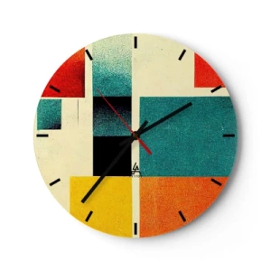 Ceas de perete - Ceas pe sticlă - Compoziție geometrică de dreptunghiuri colorate pe un fundal deschis - 30x30cm - Abstracție geometrică - energie bună - Decorațiune modernă pentru perete pentru living, bucătărie și dormitor ARTTOR