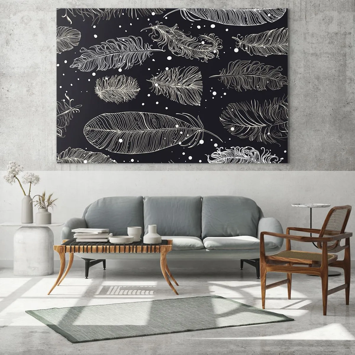 Tablou pe sticlă - Pene albe pe fundal negru cu detalii subtile - 70x50cm - Dantelă cu pene - Decorațiune modernă pentru perete pentru living și dormitor ARTTOR