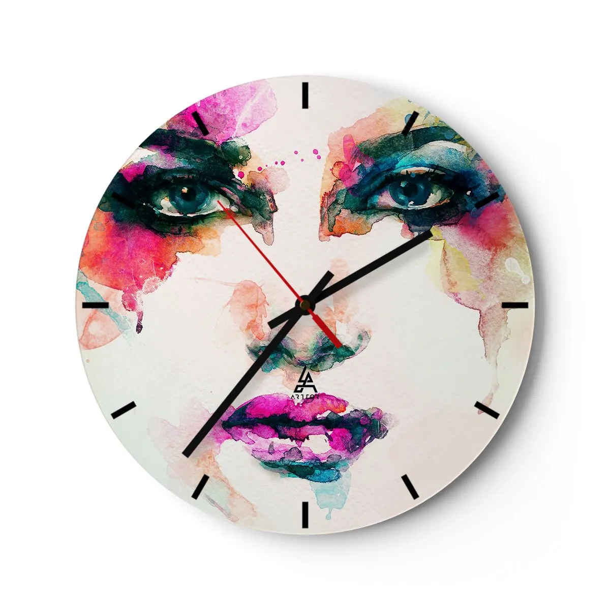 Ceas de perete - Ceas pe sticlă - Portret colorat al unei femei în stil acuarelă, culori intense - 30x30cm - Portret pictat cu un curcubeu - Decorațiune modernă pentru perete pentru living, bucătărie și dormitor ARTTOR