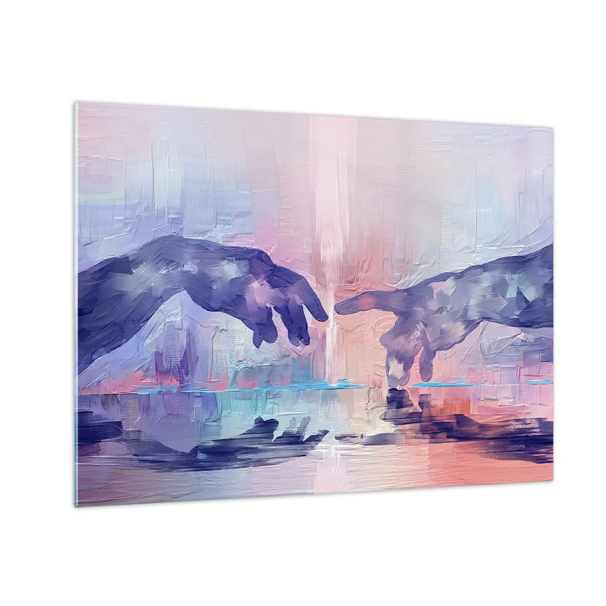 Tablou pe sticlă - Mâini abstracte apropiindu-se una de cealaltă pe un fundal pastel. - 70x50cm - Scânteia divină a vieții - Decorațiune modernă pentru perete pentru living și dormitor ARTTOR
