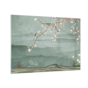 Tablou pe sticlă - O creangă cu flori și păsări pe un fundal de dealuri verzi - 70x50cm - Primăvara, ah, tu ești - Decorațiune modernă pentru perete pentru living și dormitor ARTTOR