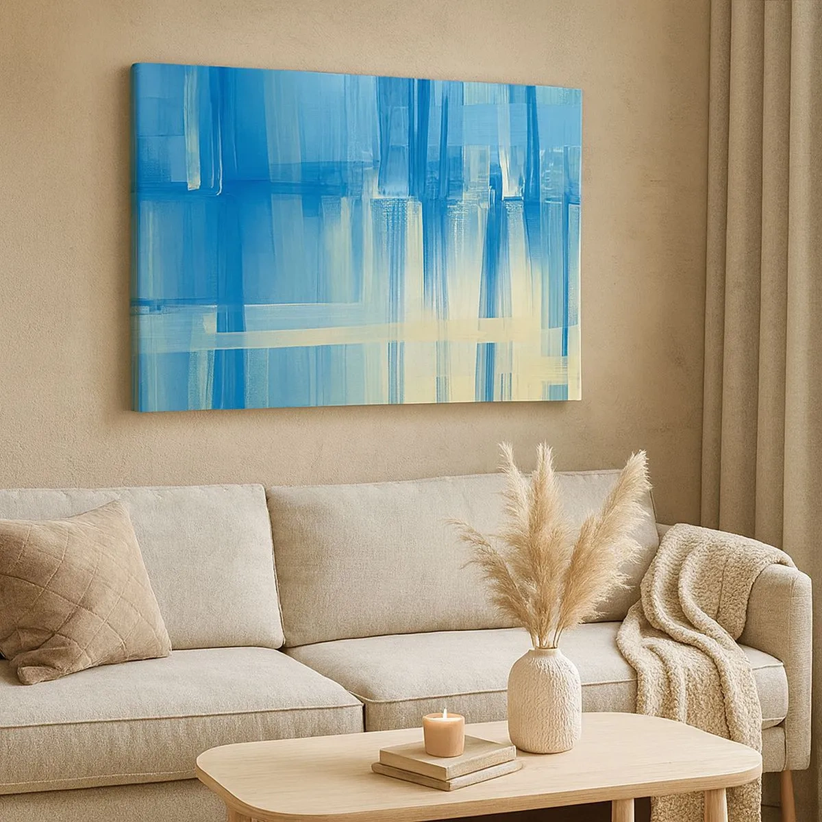 Tablou pe pânză Canvas - O pictură abstractă în nuanțe de turcoaz și albastru, cu tușe geometrice. - 70x50cm - Compoziție în turcoaz - Decorațiune modernă pentru perete pentru living și dormitor ARTTOR