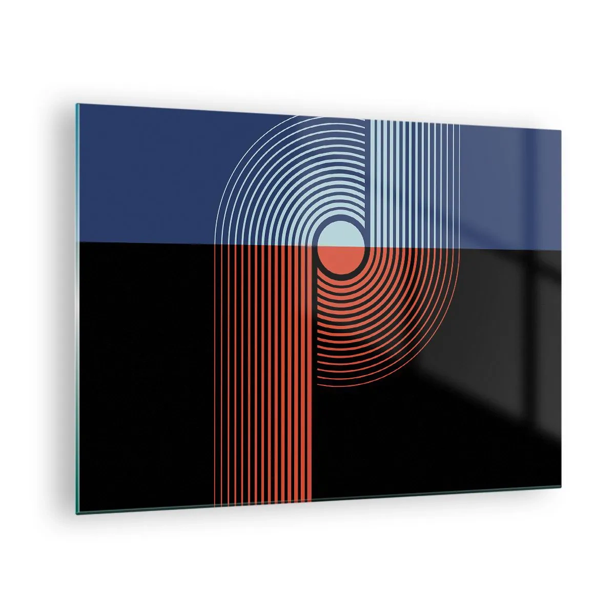 Tablou pe sticlă - Grafică geometrică modernă în culori contrastante - 70x50cm - Într-o îmbrăţişare geometrică - Decorațiune modernă pentru perete pentru living și dormitor ARTTOR