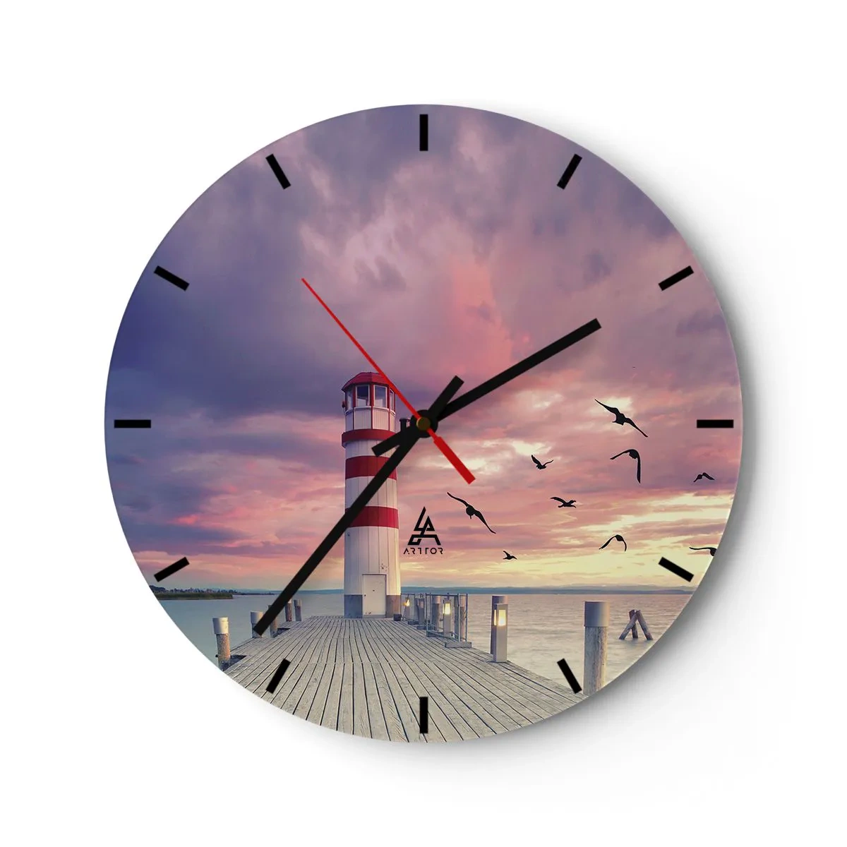 Ceas de perete - Ceas pe sticlă - Far la apusul soarelui deasupra apei - 30x30cm - Să ne întoarcem în port - Decorațiune modernă pentru perete pentru living, bucătărie și dormitor ARTTOR