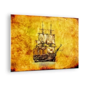 Tablou pe sticlă - O navă cu pânze istorică pe fundalul unui pergament stilizat - 70x50cm - Ne îndreptăm spre Tortuga! - Decorațiune modernă pentru perete pentru living și dormitor ARTTOR