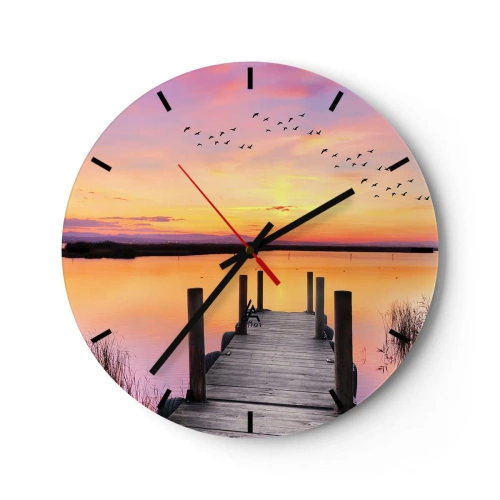 Ceas de perete - Ceas pe sticlă - Un dig pe un lac la apus, păsările zboară - 30x30cm - Zori liniștiți în mov - Decorațiune modernă pentru perete pentru living, bucătărie și dormitor ARTTOR