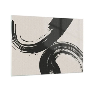 Tablou pe sticlă - Tușe caligrafice negre, dinamice, pe un fundal deschis. - 70x50cm - Tare și circular - Decorațiune modernă pentru perete pentru living și dormitor ARTTOR